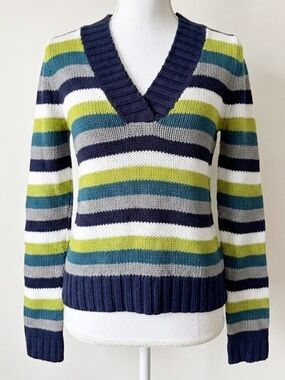 Grane Striped V-Neck Sweater Size Large Navy White Green Preppy Nautical